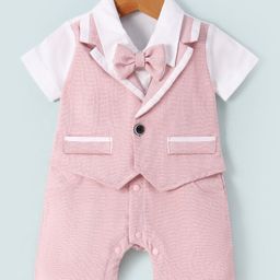Mark & Mia Half Sleeves Partywear Romper With Bow Solid Colour - Pink & White-image-54