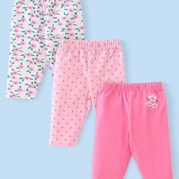 Babyhug Cotton Lycra Knit Three Fourth Length Legging Floral & Polka Dot Print Pack Of 3 - Pink & White-image-47