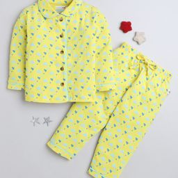BUMZEE Cotton Knitted Full Sleeves Hearts & Clouds Printed Coordinating Night Suit - Yellow-image-100