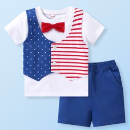 Babyhug Single Jersey Knit Half Sleeves T-Shirt with Bow Detailing & Attached Waist Coat with Shorts Set Striped & Star Print - Multicolour-picture-36