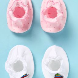 Ben Benny 100% Cotton Knit Pair of Booties with Solid  Polka Dots Print & Toy Patch  Pack of 2 - Sky Blue & Peach-image-47