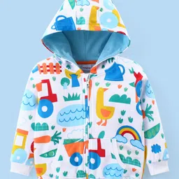 Babyhug Cotton Knit Full Sleeves Hooded Sweatjacket with Animals & Vehicles Print - White-picture-13