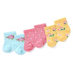 Cute Walk By Babyhug Anti-Bacterial Ankle Length Socks With Floral & Polka Dot Print Pack of 3 - Light Blue Pink & Yellow-image-100