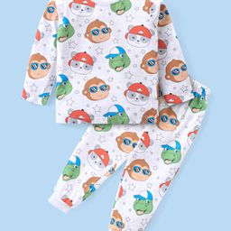 Babyhug Cotton Knit Full Sleeves Night Suit with Monkey & Bear Print - White-image-68