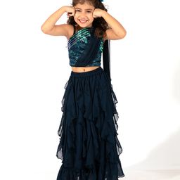 Elaisha  Sleeveless Abstract Designed Top With Draped Dupatta And Ruffled Lehenga Set - Navy Blue-image-57