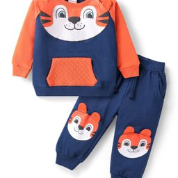 Babyhug Terry Knit Full Raglan Sleeves Tiger Printed T-Shirt & Lounge Pant - Orange & Navy Blue-image-77
