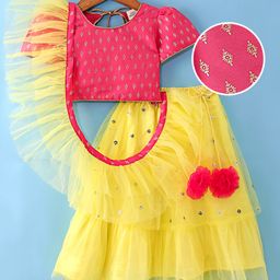 Saka Designs Woven Half Sleeves Choli Lehenga Set with Dupatta & Sequin Embroidery & Tassel Detailing - Yellow & Pink-image-98