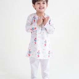 Tiber Taber Cotton Full Sleeves Krishna Printed Kurta Pyjama Set - White-image-56