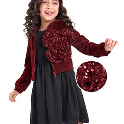 Hola Bonita Knit Full Sleeves Mandarin Collared Jacket with Floral Corsage & Knee Length Glitter Party Dress - Red-image-41