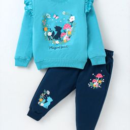 CUCUMBER Terry Knit Full Sleeves Winter Wear Frill Detailed Top & Lounge Pant Set with Floral & Animal Print - Sky Blue-image-24