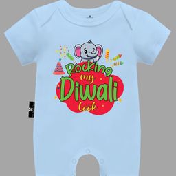 The Peppy Tend Diwali Theme 100% Cotton Half Sleeves Rocking My Diwali Look Text Printed Half Romper - Blue-picture-31