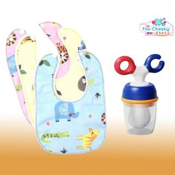 The Cheeky Kidzz Baby Food Feeder Silcone Fruit Vegetable Nibbler Soother Teether BPA Free with 3 Cotton Feeding Bibs(MULTI-COLOR)-3