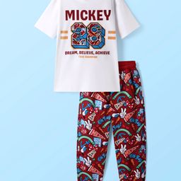 Ollington St. Disney Single Jersey Knit Half Drop Shoulder Sleeves T-Shirt & Track Pant with Mickey Mouse Graphics - Wine & White-image-93