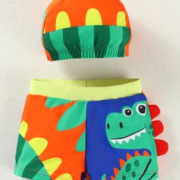 Babyhug Swimming Trunk & Cap with Dino Print - Green & Orange-image-59