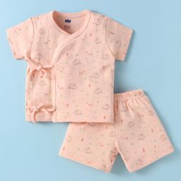 Simply Interlock Knit Half Sleeves Front Open Shorts Night Suit Elephant Print - Peach-image-65