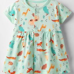 Child World Interlock Knit Half Sleeves Front Open Frock with Jungle Theme Print - Turquoise-picture-7