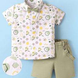 Mark & Mia Cotton Woven Half Sleeves Shirt with Shorts Set with Suspender & Bow and Geometric Print - White & Olive Green-image-4