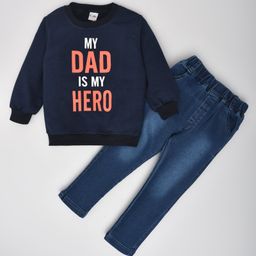 Kiwi Cotton Full Sleeves My Dad Is My Hero Text Printed Tee & Denim Jeans Set - Navy Blue-image-50
