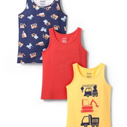 Honeyhap Premium Cotton Spandex Knit Sleeveless Vests With Bio Finish & Vehicle Print Pack of 3 - Navy Peony High Risk Red Snapdragon-image-20