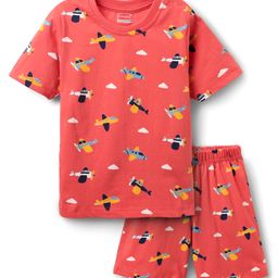Babyhug Cotton Knit Half Sleeves Co-ords Short Night Suit With Aeroplane Print - Red-image-73