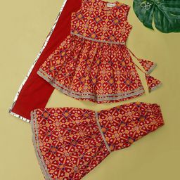 Desi Soota Cotton Sleeveless Floral Printed Kurta Sharara & Dupatta Set - Red-image-71