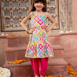 Pspeaches Silk Sleeveless Abstract Printed Gota Lace Embellished Kurta & Dhoti - Multi Colour-image-58
