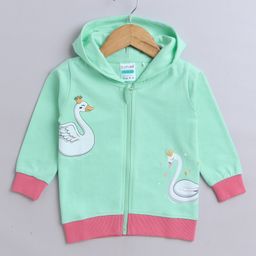 BUMZEE Looper Knit Full Sleeves Swan Printed Hooded Sweatjacket - Sea Green & Pink-image-100