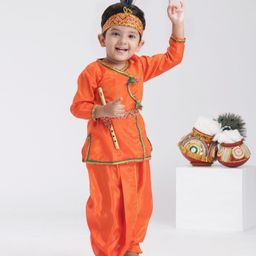 Dapper Dudes Janmashtami Theme Full Sleeves Lord Krishna Costume Set - Orange-picture-4