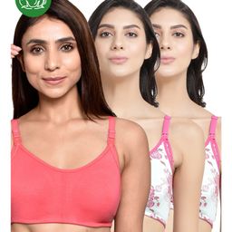 Inner Sense Organic Cotton Knit Pack Of 3 Solid & Floral Printed Antimicrobial Maternity Bras With Nursing Access - Multi Colour-picture-10
