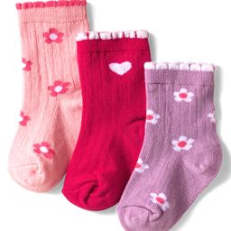 Cute Walk by Babyhug Knit Ankle Length Anti Bacterial Socks with Floral Design Pack of 3 - Pink Red & Purple-picture-6