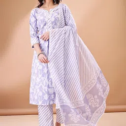 Anouk Floral Printed Round Neck Regular Pure Cotton Kurta With Trouser With Dupatta image 1