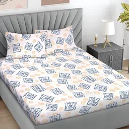 FABINALIV Cream-Coloured & Grey Geometric 300 TC King Bedsheet with 2 Pillow Covers-22