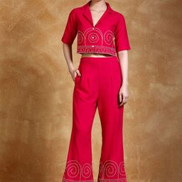 Varanga Embroidered Shirt Collar Neck Top With Trouser Co-ords-image-4
