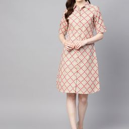 anayna Women Beige & Pink Printed Shirt Dress-37