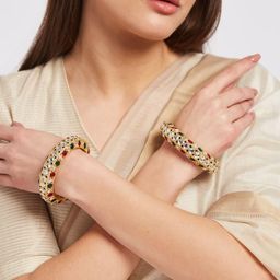 Anouk Set of 2 Gold Plated & Multicoloured Polki Kundan Stone Studded Textured Bangles image 2