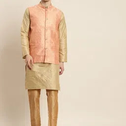 SOJANYA Men Golden & Peach-Coloured Kurta with Churidar & Nehru Jacket-6
