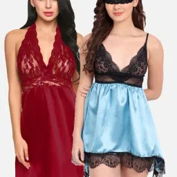 FIMS: Fashion is my Style Blue & Maroon Lace Work Babydoll With Thong-image-89