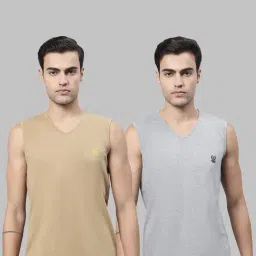 Vimal Jonney Light Khaki & Grey Sleeveless Lounge T-Shirt - Pack of 2-image-40