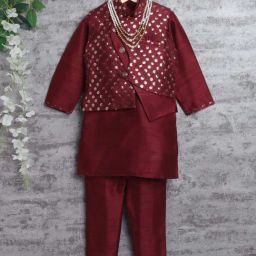 Ahhaaaa Kids Maroon Embellished Full Sleeves Kurta Set-image-7