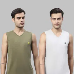 Vimal Jonney Olive & Light Grey Sleeveless Lounge T-Shirt - Pack of 2-image-68