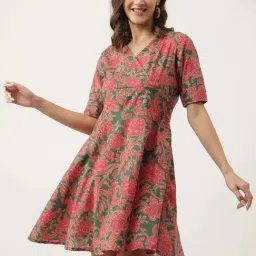 Divena Green & Pink Cotton Floral Print A-Line Dress-image-57