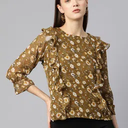 Ives Floral Print Bell Sleeves Ruffles Georgette Top-picture-52