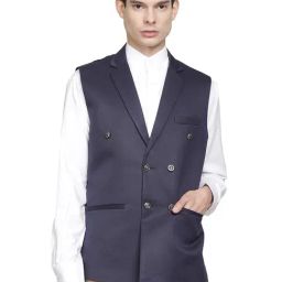 TAHVO Blue Cotton Slim Fit Waistcoat-image-4