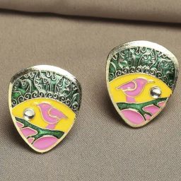 Oomph Meenakari Ethnic With Brid Design Green Stud Earrings-44
