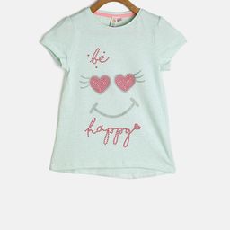 Kids On Board Girls Mint Green Printed Round Neck Pure Cotton T-shirt-image-2