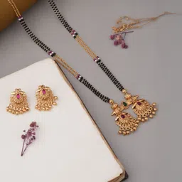 TKRB SALES Gold-Plated Artificial Stones Studded & Beaded Vati Mangalsutra With Earrings-picture-42