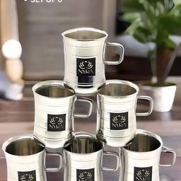Nyra Kitchenware Steel & Black 6 Pieces Textured Stainless Steel Glossy Cups-100 ml Each-image-76