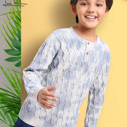 Arias Consciously Sourced Cotton Full sleeve tie dye Sweater with Cable Knit and Henley Neck - Blue and White-picture-6