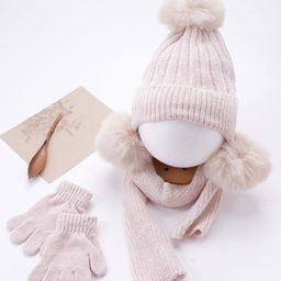 Babyhug Pom Pom Woollen Cap Gloves and Muffler Set Small Size - Light Pink-image-56