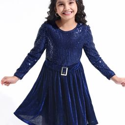 Hola Bonita Knit Full Sleeves Knee Length Dress with Sequins and Velvet - Blue-image-30